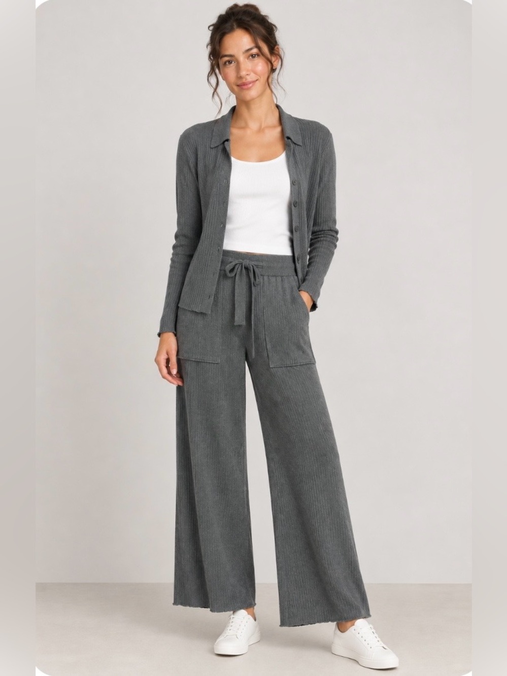 Splendid Georgie Cashblend Set Polo Button Down Gray Rib and Crop Pants S NWT